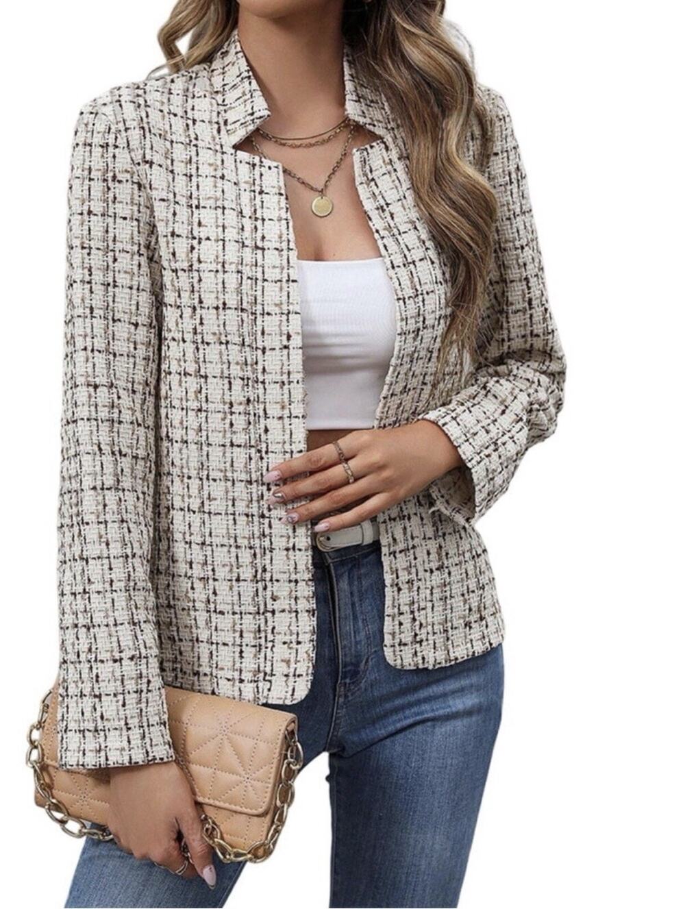 Mina Self Women’s Cream Black Tweed Blazer Jacket Textured Open Front Size L